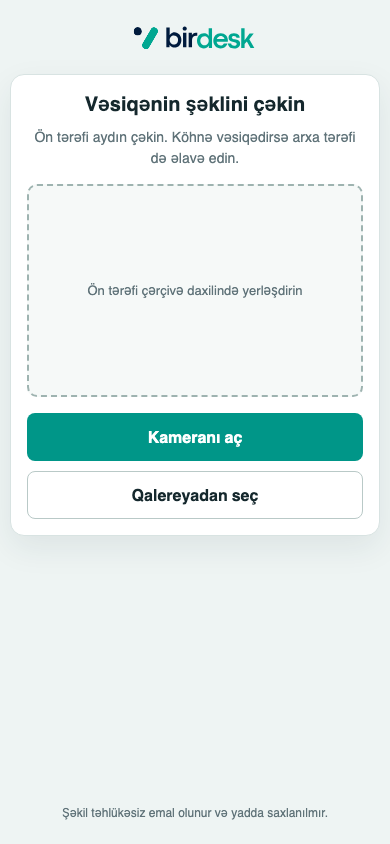 BirDesk şəxsiyyət vəsiqəsi skanının real mobil interfeysi